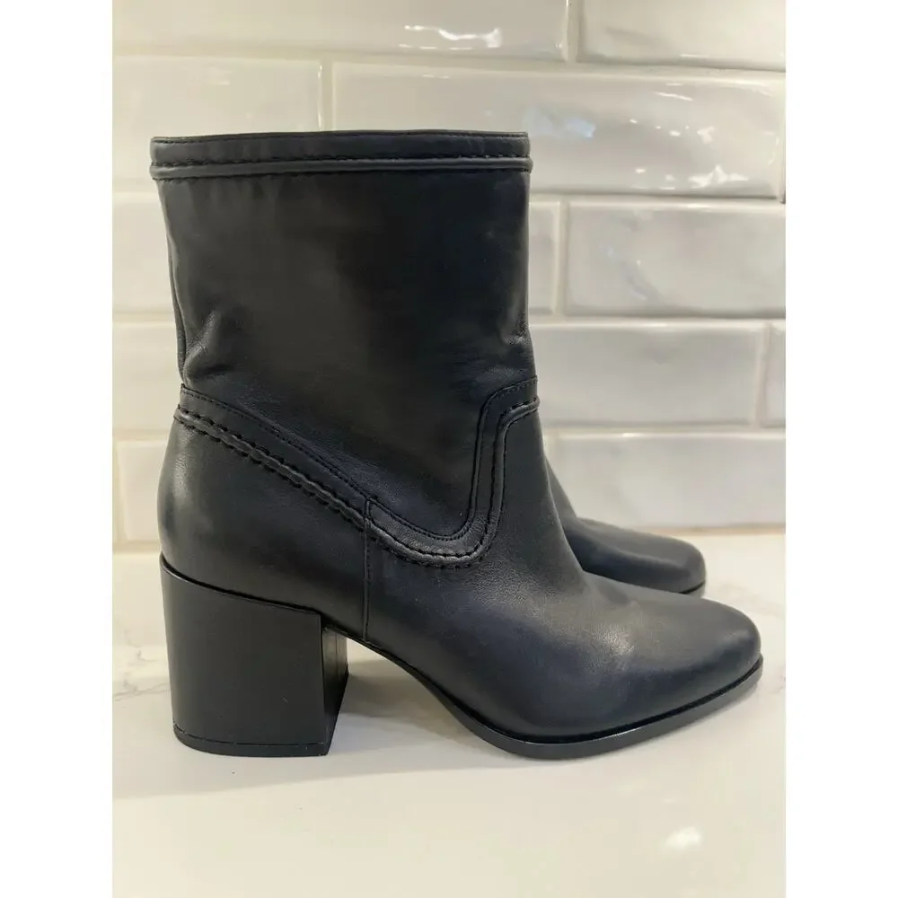NWT Vince Camuto Pailey Booties Black Leather Mid-shaft Block Heel Boots Sz 9.5M